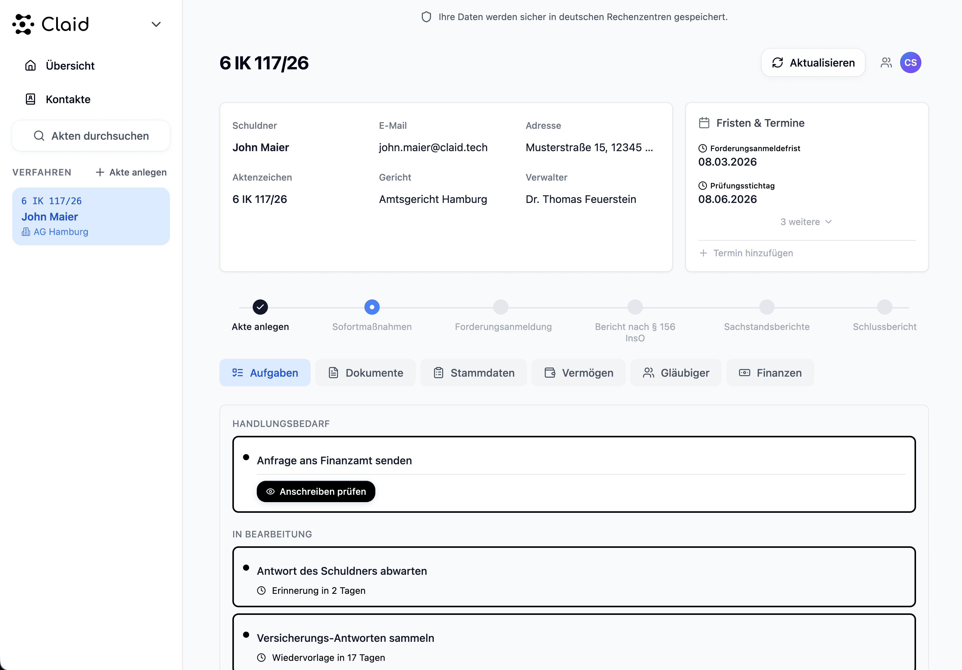 Claid Inso – Verfahrensübersicht mit Fristen und Aktenführung