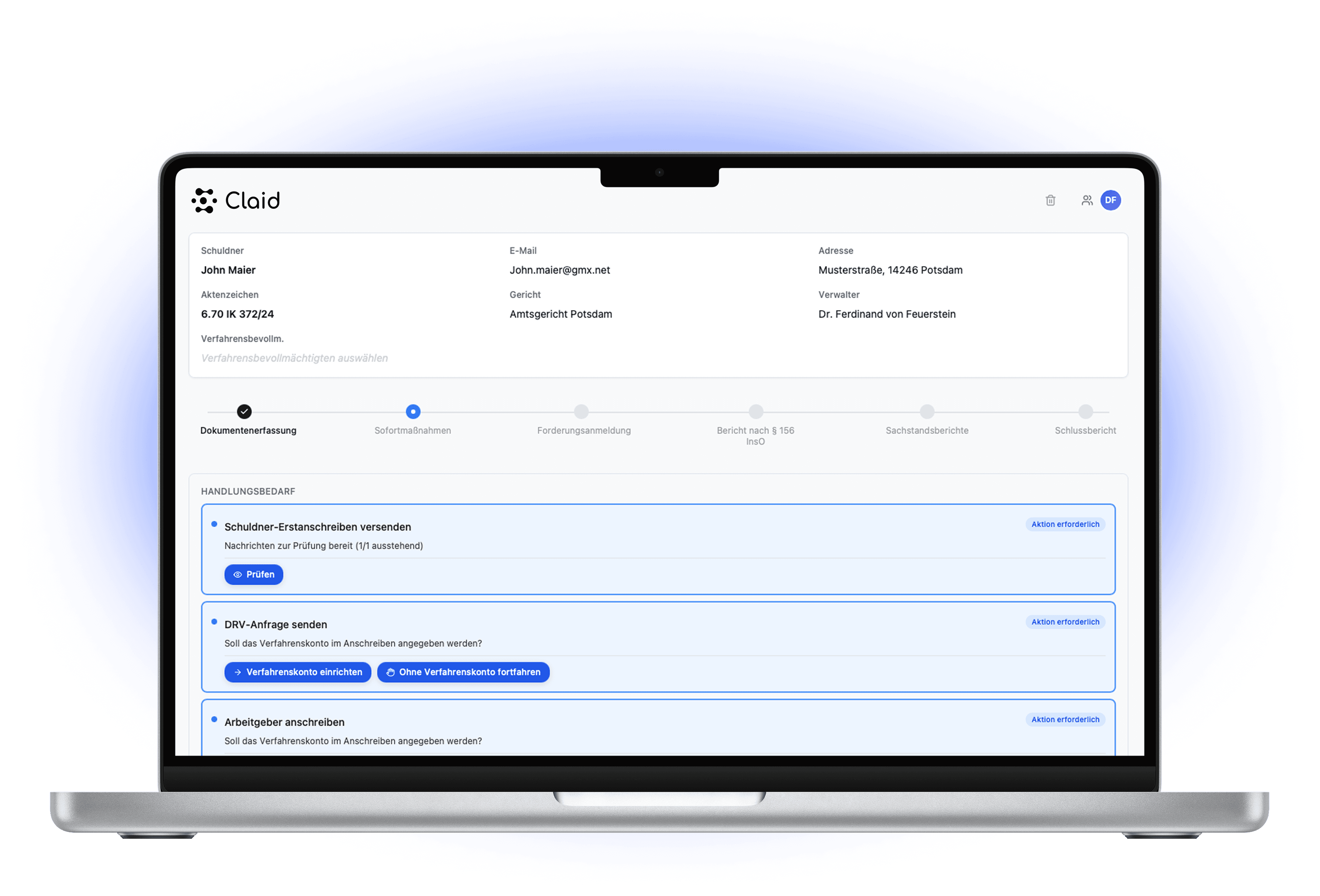 Claid Inso – Verfahrensübersicht mit Fristen und Aktenführung