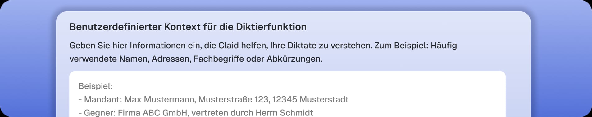 Benutzerdefinierter Kontext für die Diktierfunktion