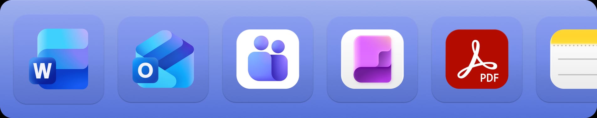 App-Icons: Word, Outlook, Teams, OneNote, PDF, Notizen